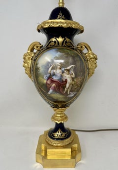 French Sèvres Porcelain Watteau Scene Ormolu Cobalt Blue Table Lamp Bronze Satyr