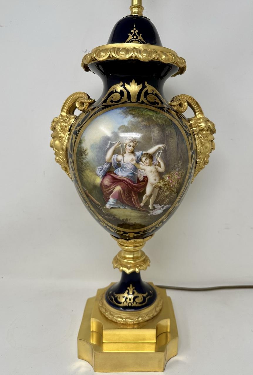 Late Victorian French Sèvres Porcelain Watteau Scene Ormolu Cobalt Blue Table Lamp Bronze Satyr For Sale