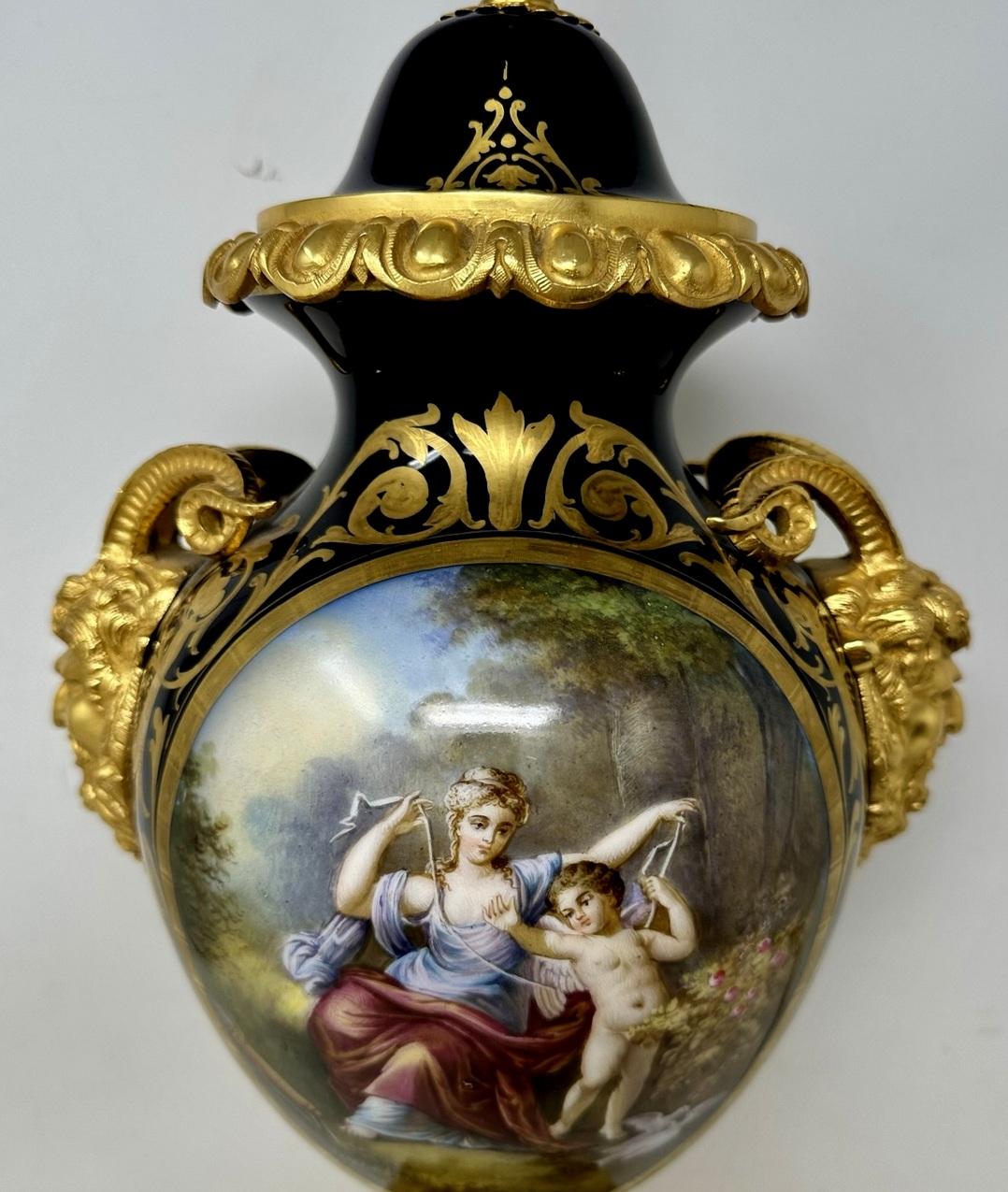 19th Century French Sèvres Porcelain Watteau Scene Ormolu Cobalt Blue Table Lamp Bronze Satyr For Sale