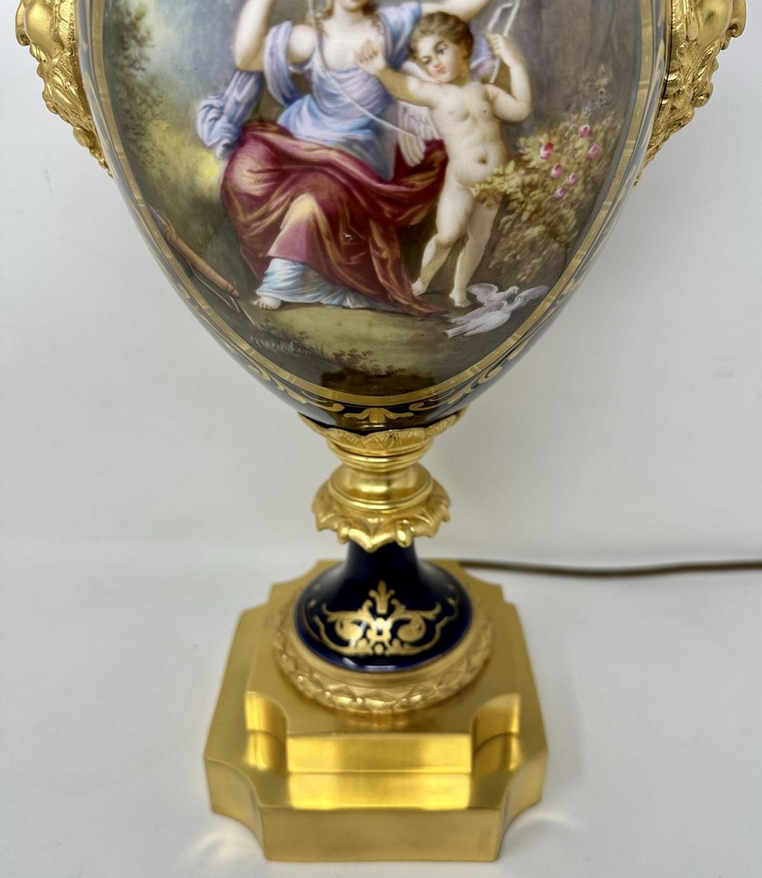 French Sèvres Porcelain Watteau Scene Ormolu Cobalt Blue Table Lamp Bronze Satyr For Sale 2