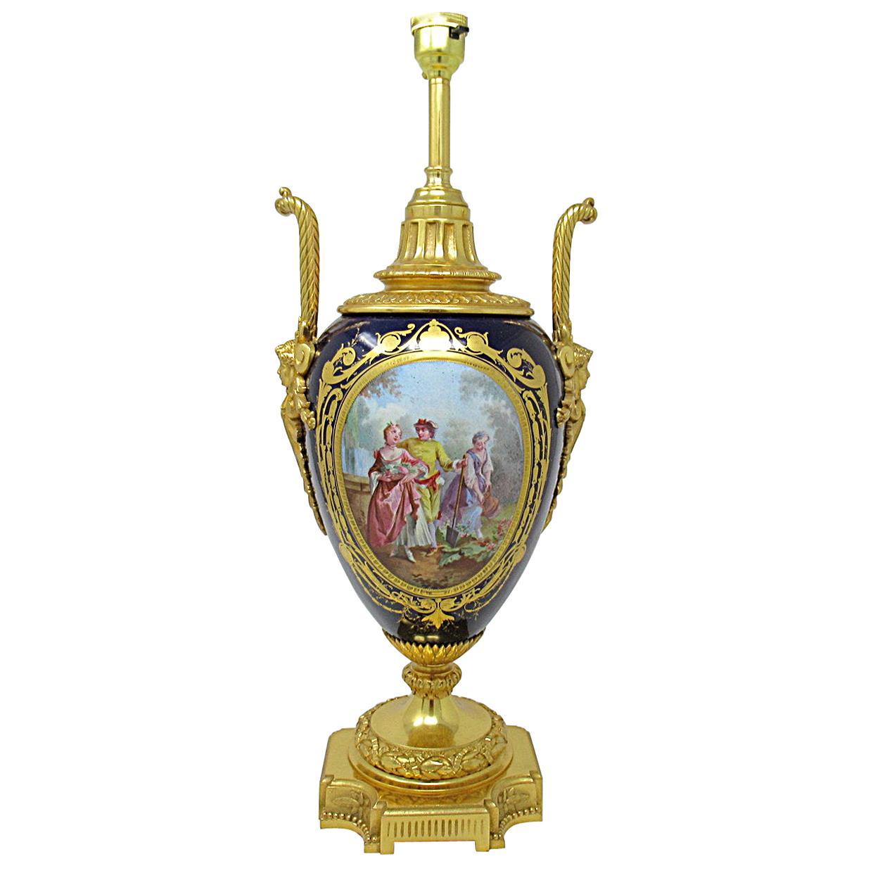 French Sevres Porcelain Watteau Scene Ormolu Mounted Table Lamp 19th Century