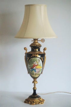 French Sèvres Style Bronze-Mounted Cobalt Blue Hand Painted Porcelain Table Lamp
