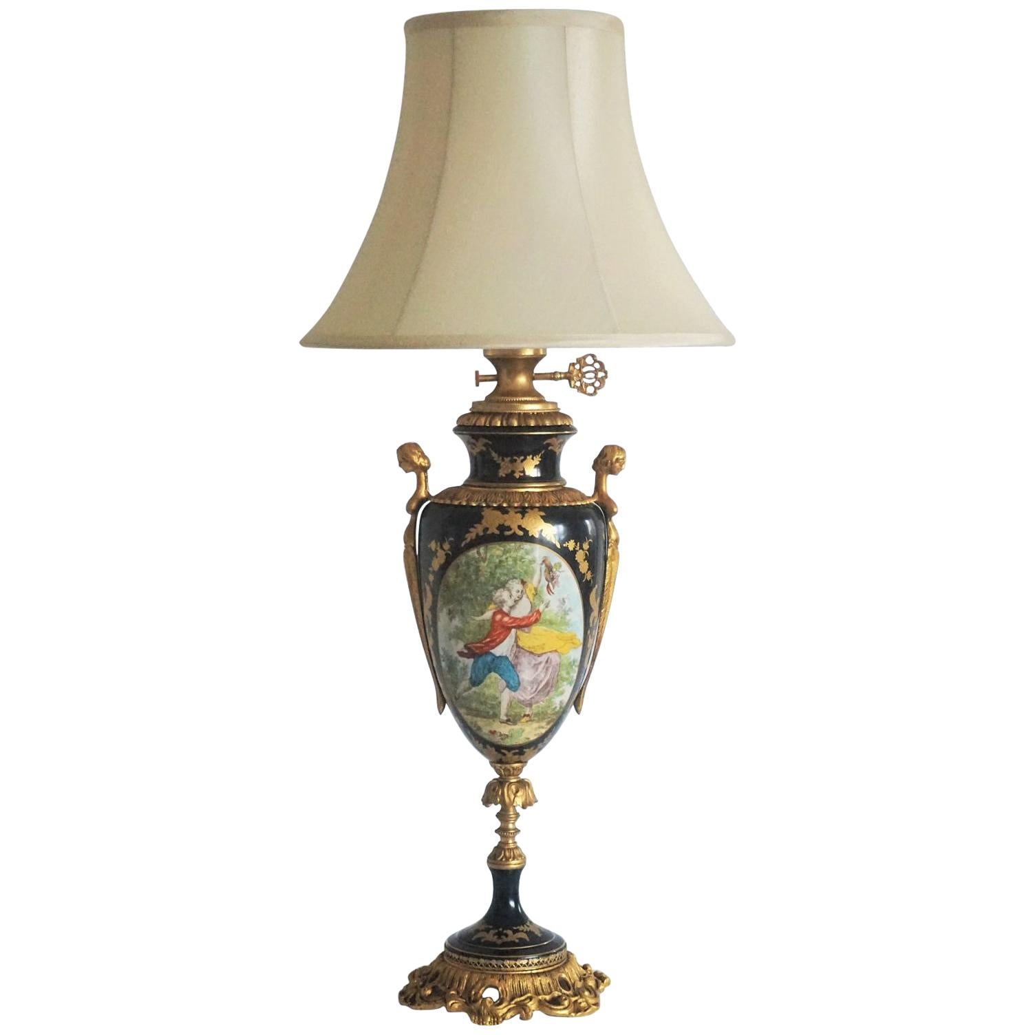 French Sèvres Style Bronze-Mounted Cobalt Blue Hand Painted Porcelain Table Lamp