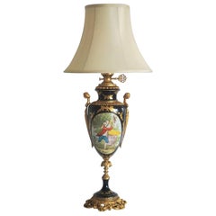 French Sèvres Style Bronze-Mounted Cobalt Blue Hand-Painted Porcelain Table Lamp
