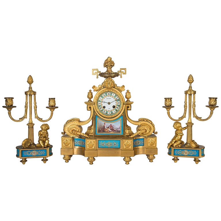 French Sevres Style Clock Set, 19th Century For Sale at 1stDibs