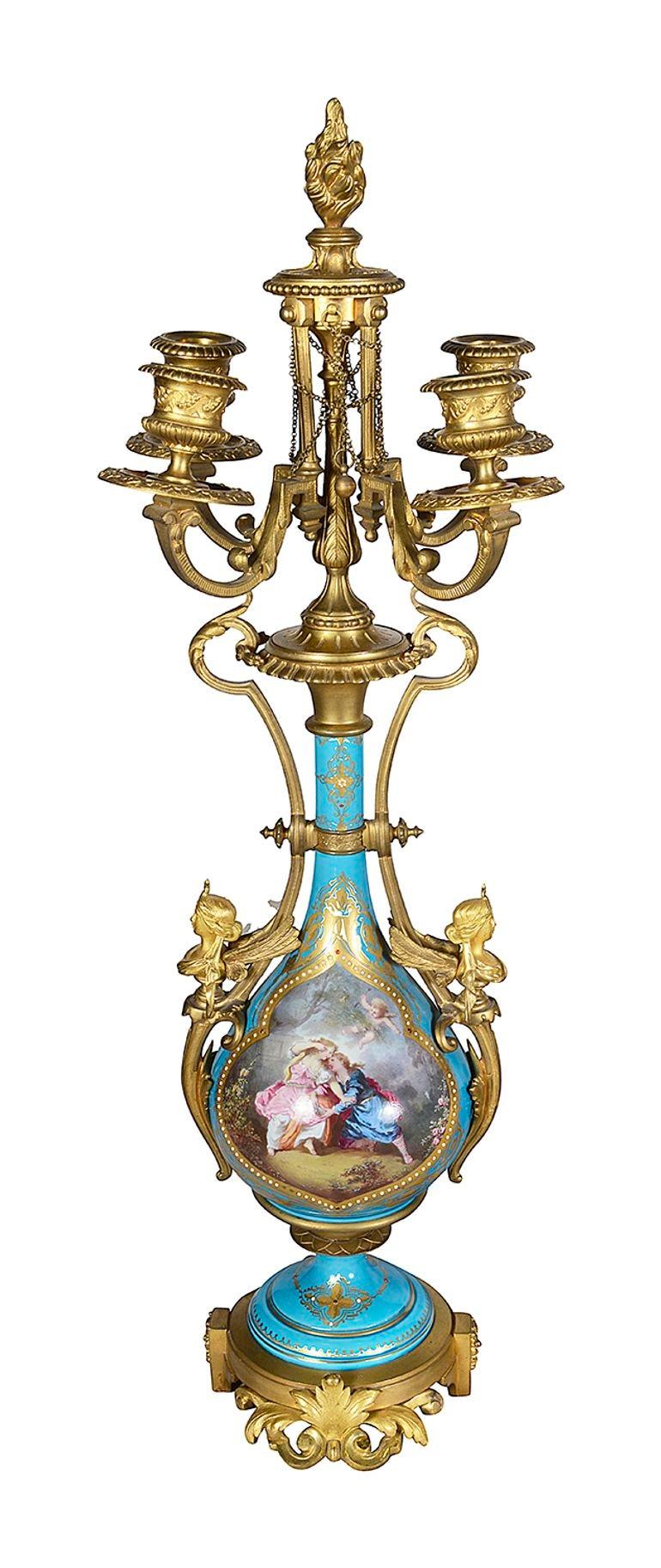 Hand-Painted French Sevres style clock set, C19th For Sale