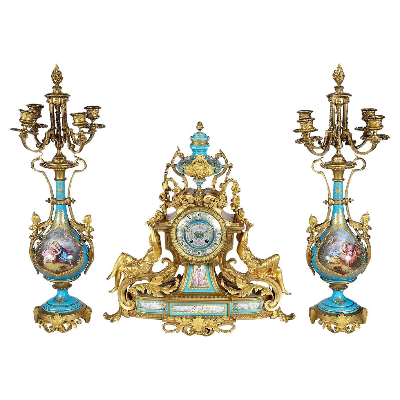 French Sevres style clock set, C19th For Sale