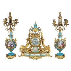 Antique French Sevres style clock set, C19th