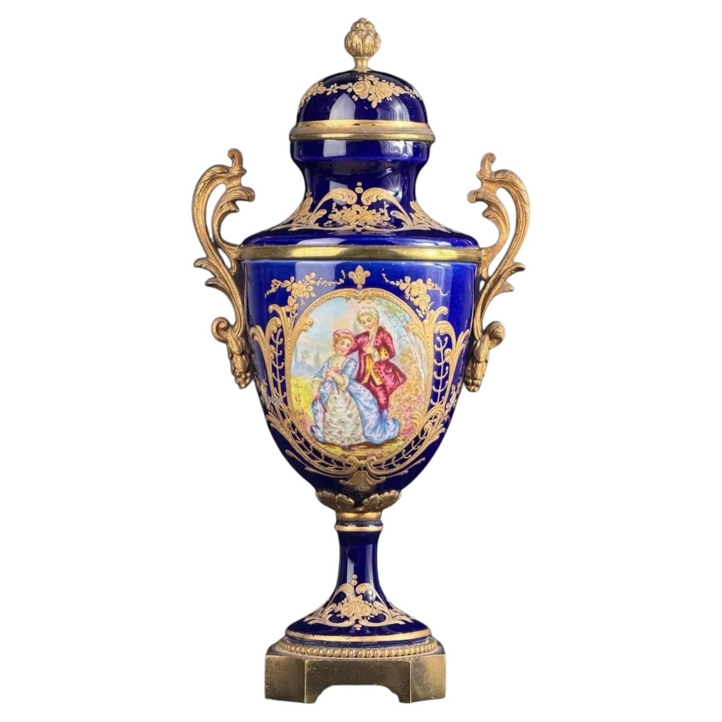 French Sèvres-Style Cobalt Blue Porcelain Urn with Gilt Decoration, Paris, 11in