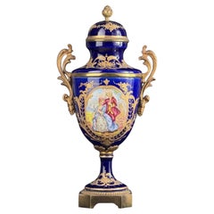 French Sèvres-Style Cobalt Blue Porcelain Urn with Gilt Decoration, Paris, 11in