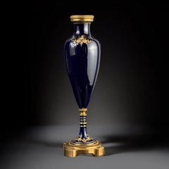 French Sèvres-Style Cobalt Blue Porcelain Vase with Gilt Bronze Base