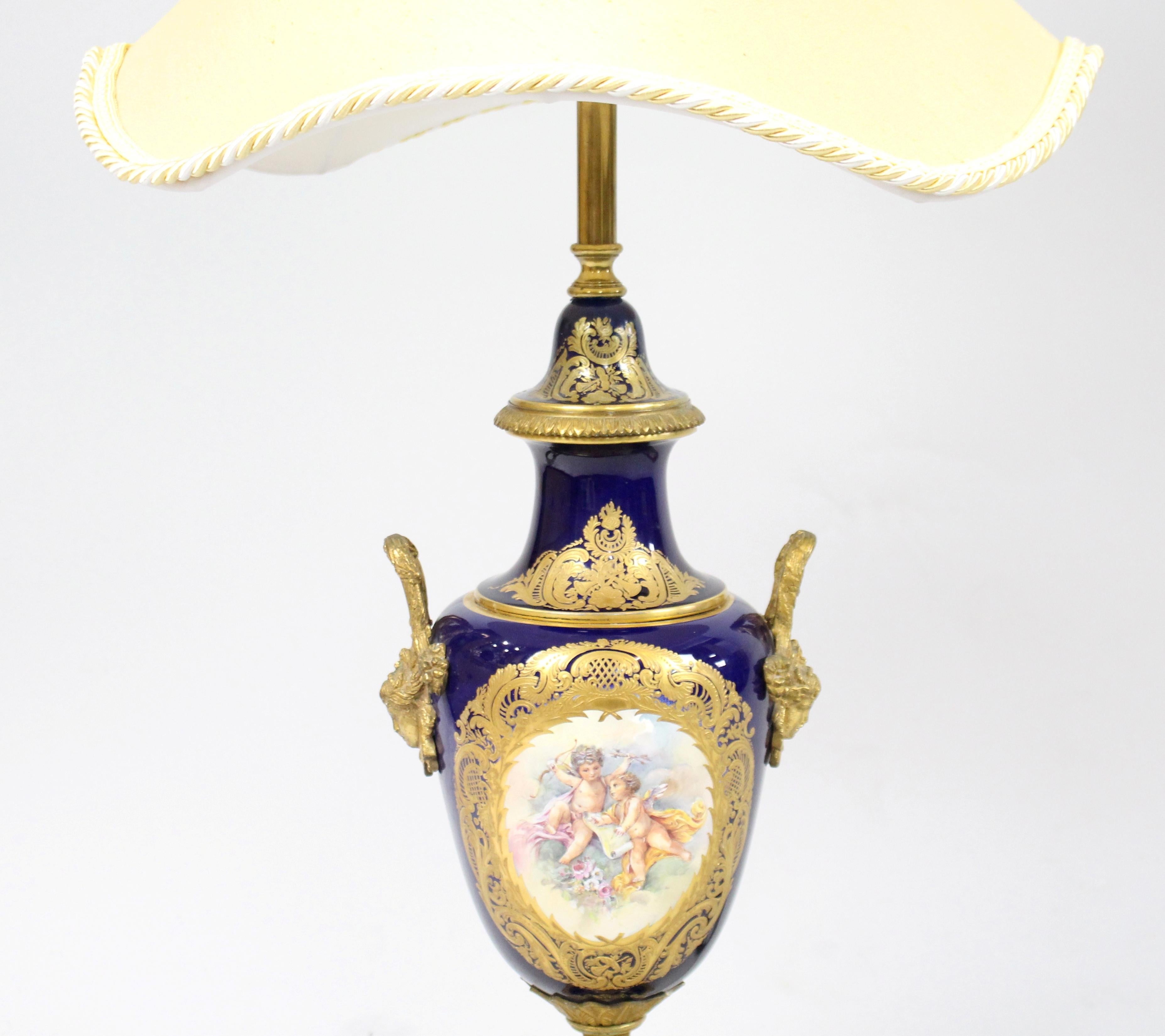 20th Century French Sèvres Style Cobalt Blue Table Lamp and Shade For Sale