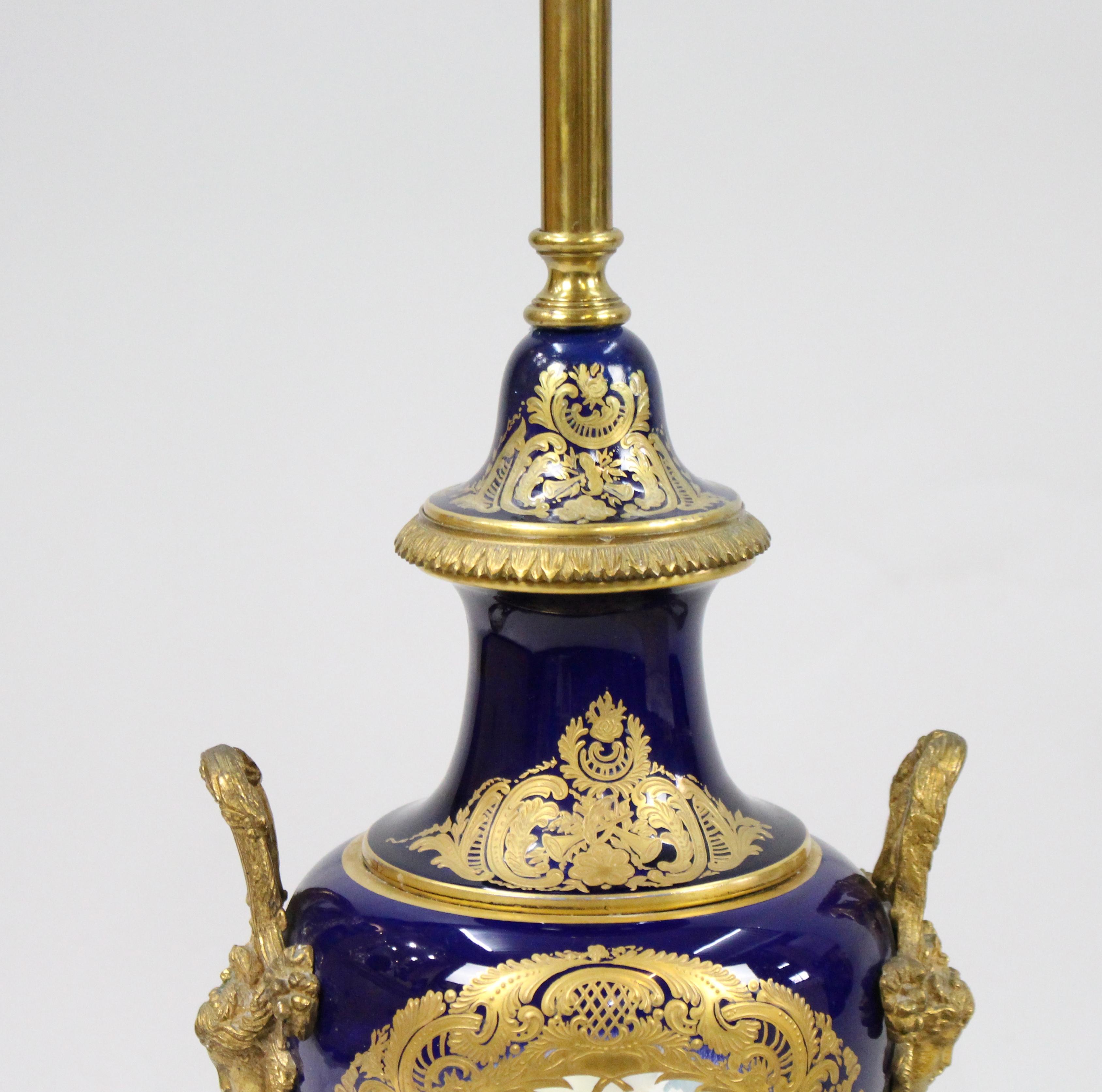 French Sèvres Style Cobalt Blue Table Lamp and Shade For Sale 1
