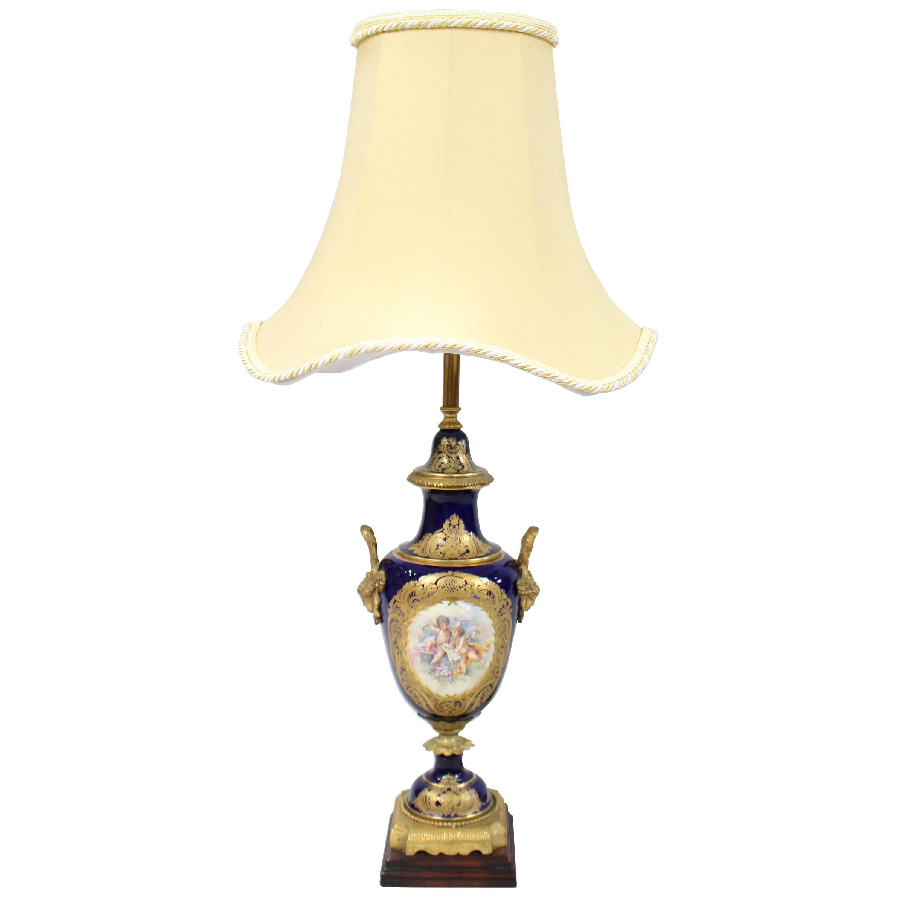 French Sèvres Style Cobalt Blue Table Lamp and Shade For Sale