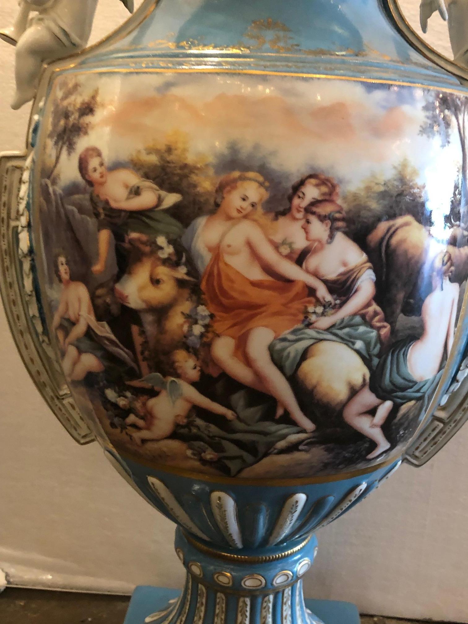 French Sevres Style Cover Porcelain Urns In Excellent Condition For Sale In Dallas, TX