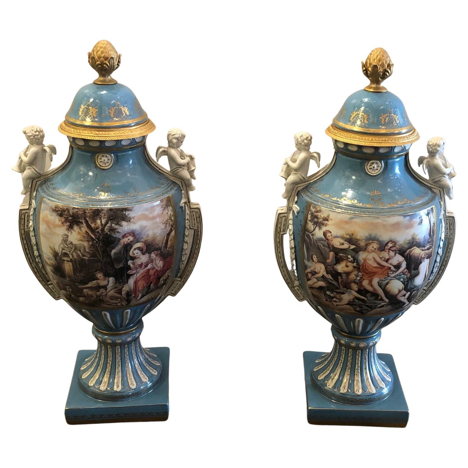 French Sevres Style Cover Porcelain Urns For Sale