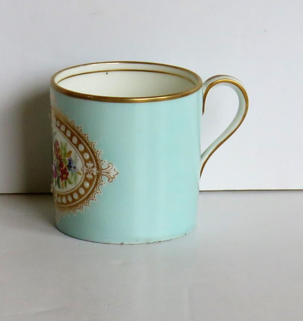 Hand-Painted French Sevres Style Jewelled Porcelain Coffee Can Hand Painted Flowers, Ca 1810 For Sale