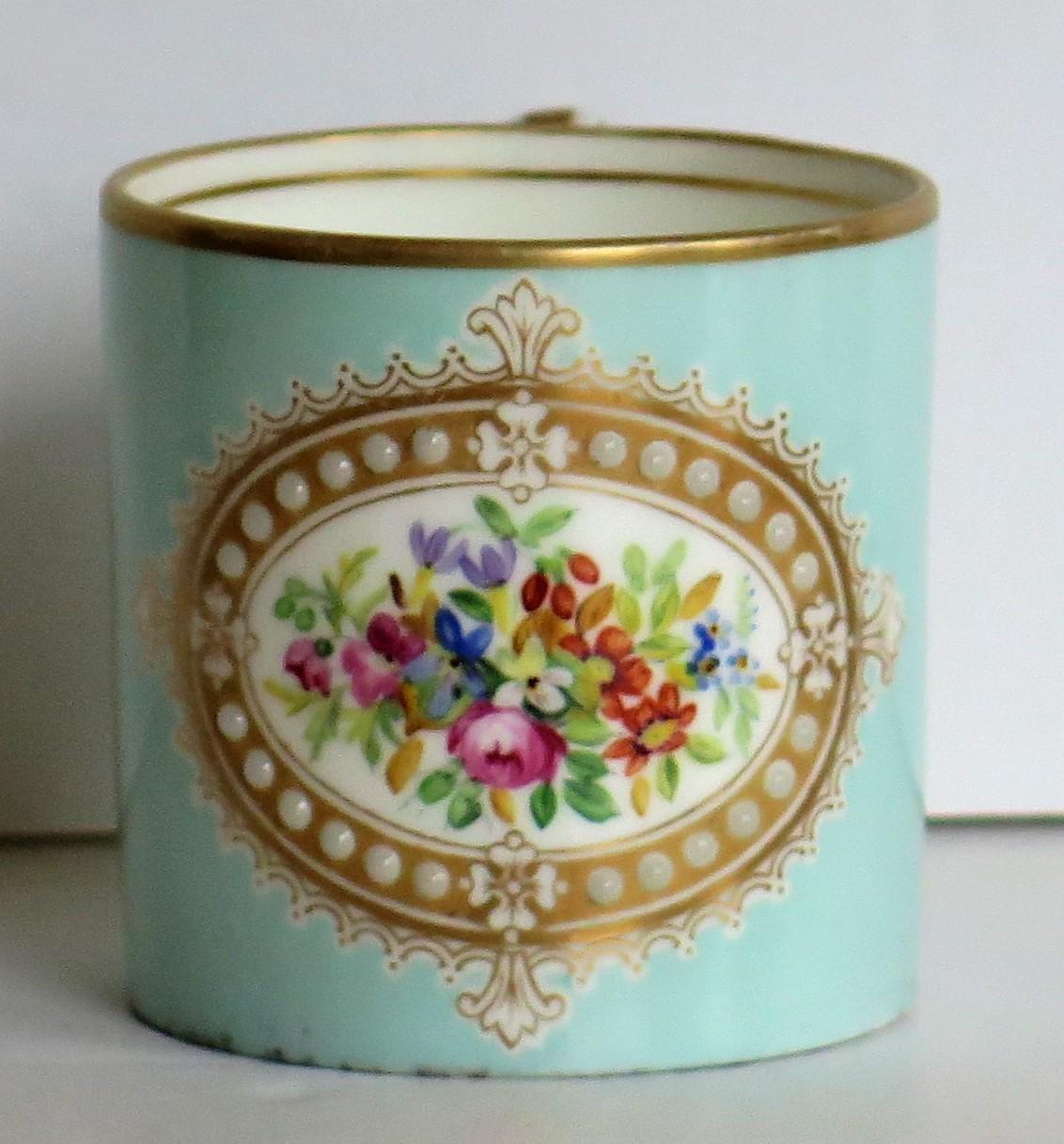 French Sevres Style Jewelled Porcelain Coffee Can Hand Painted Flowers, Ca 1810 For Sale 4