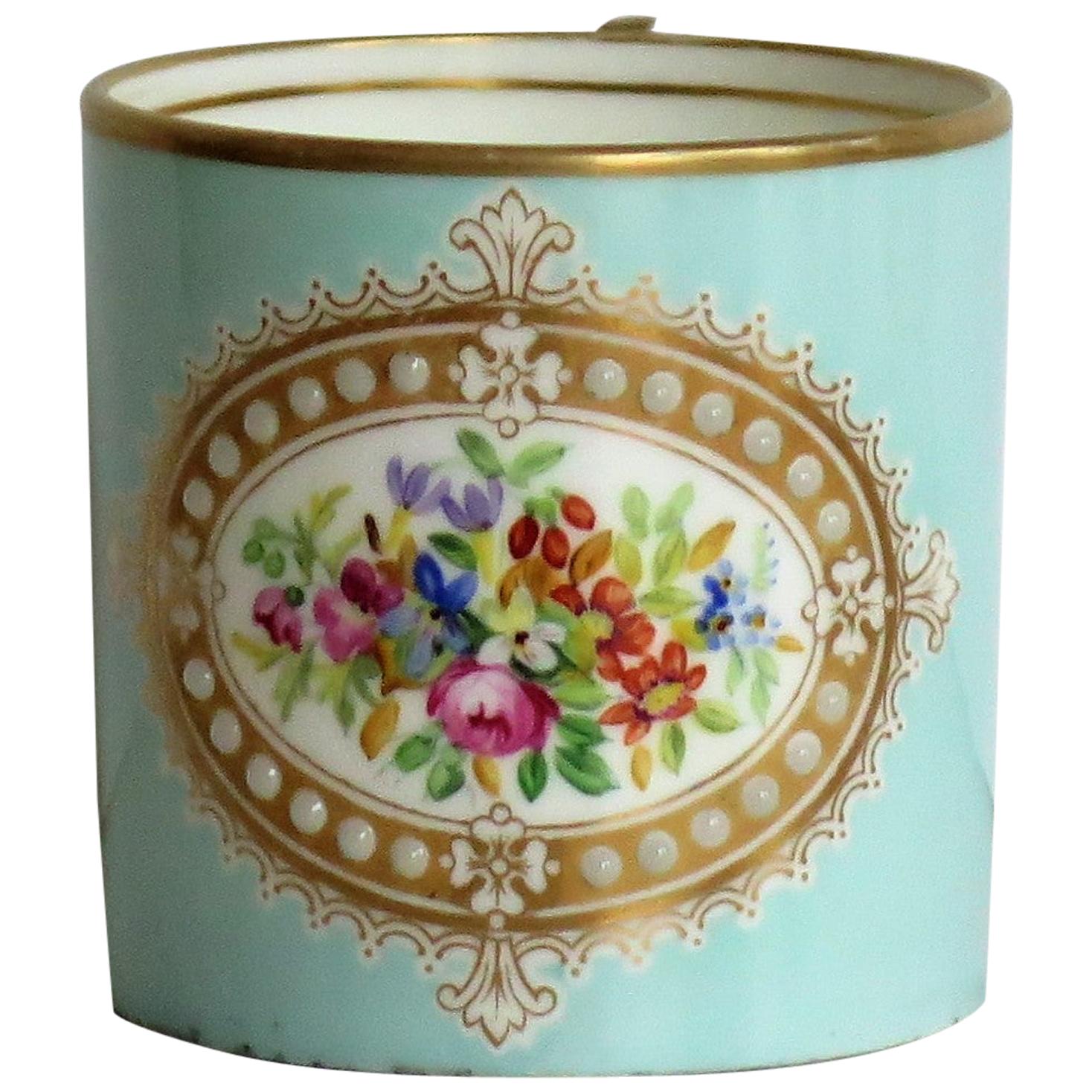 French Sevres Style Jewelled Porcelain Coffee Can Hand Painted Flowers, Ca 1810 For Sale