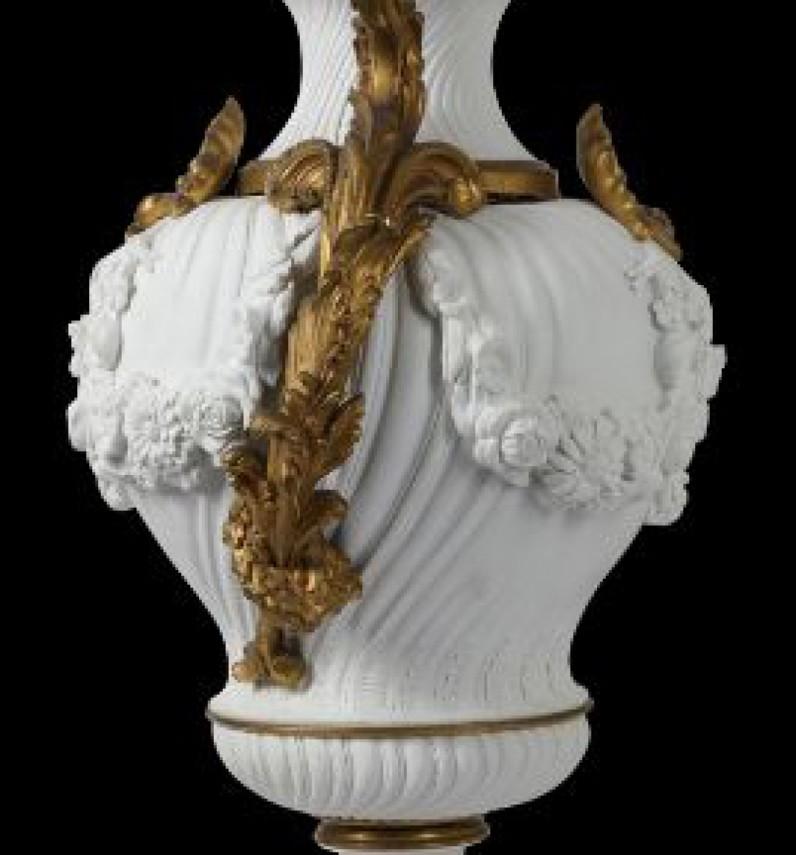 French Sèvres Style Large Pair 19th Century Gilt Mounted Bisque Vases 5