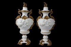French Sèvres Style Large Pair 19th Century Gilt Mounted Bisque Vases