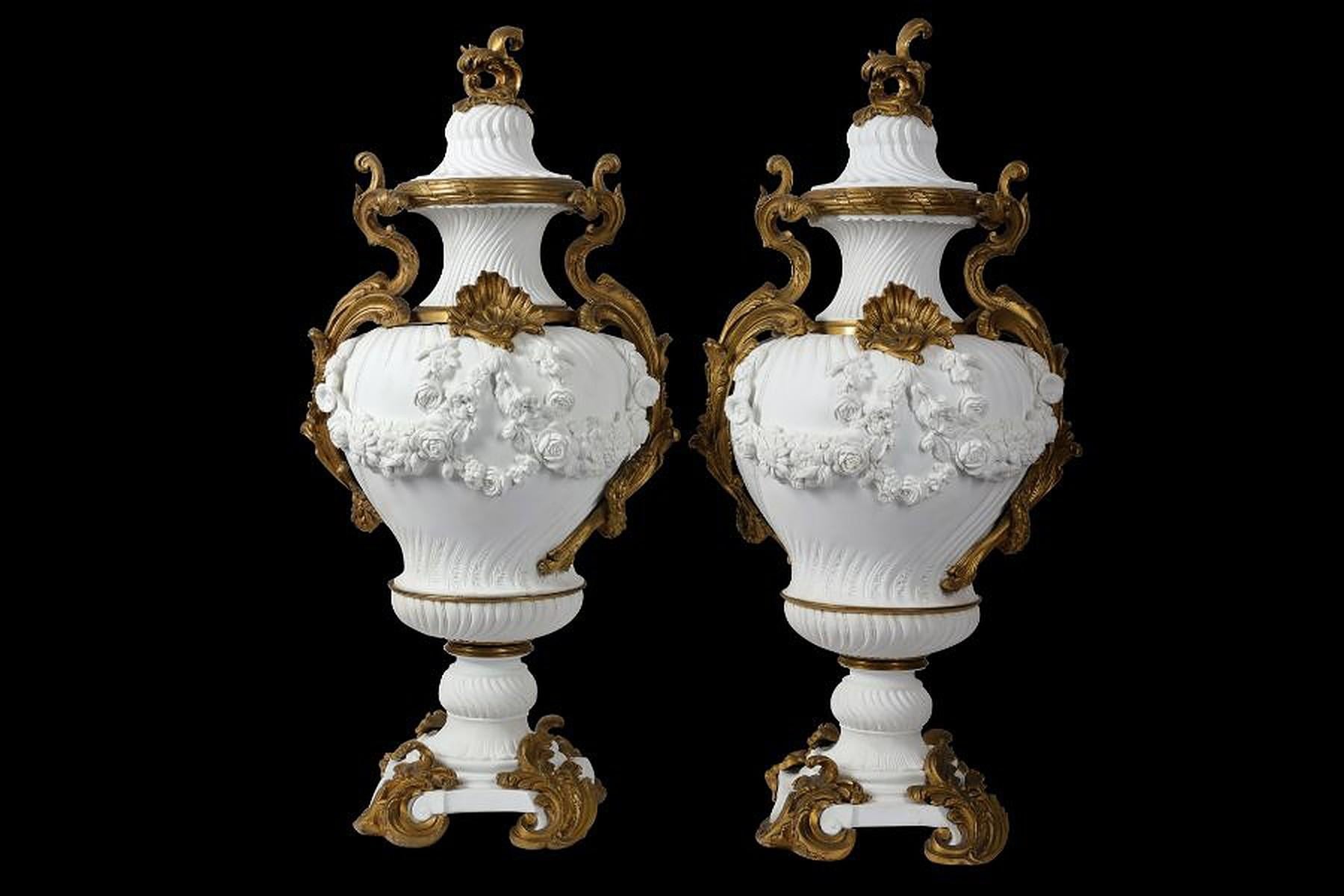 Empire French Sèvres Style Large Pair 19th Century Gilt Mounted Bisque Vases