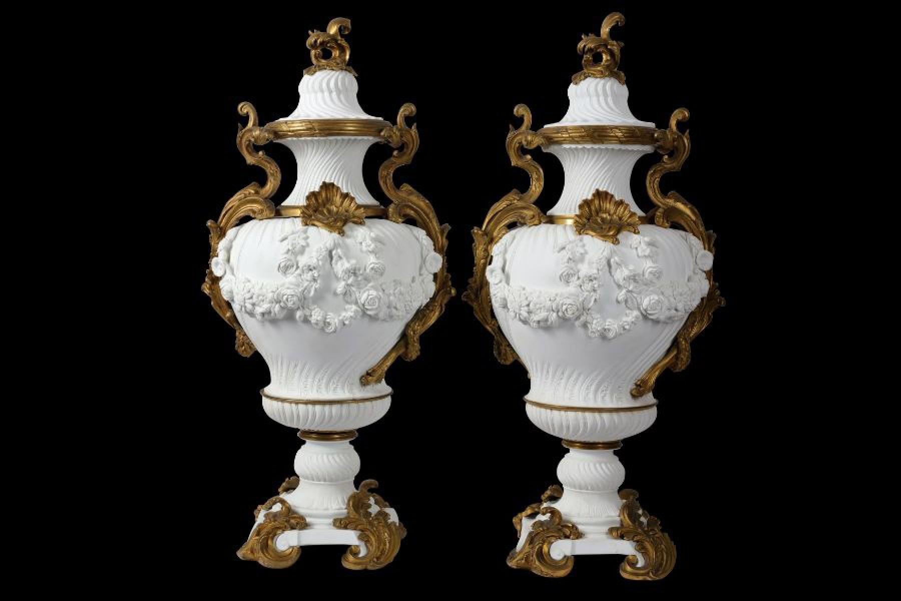 French Sèvres Style Large Pair 19th Century Gilt Mounted Bisque Vases In Good Condition In London, GB