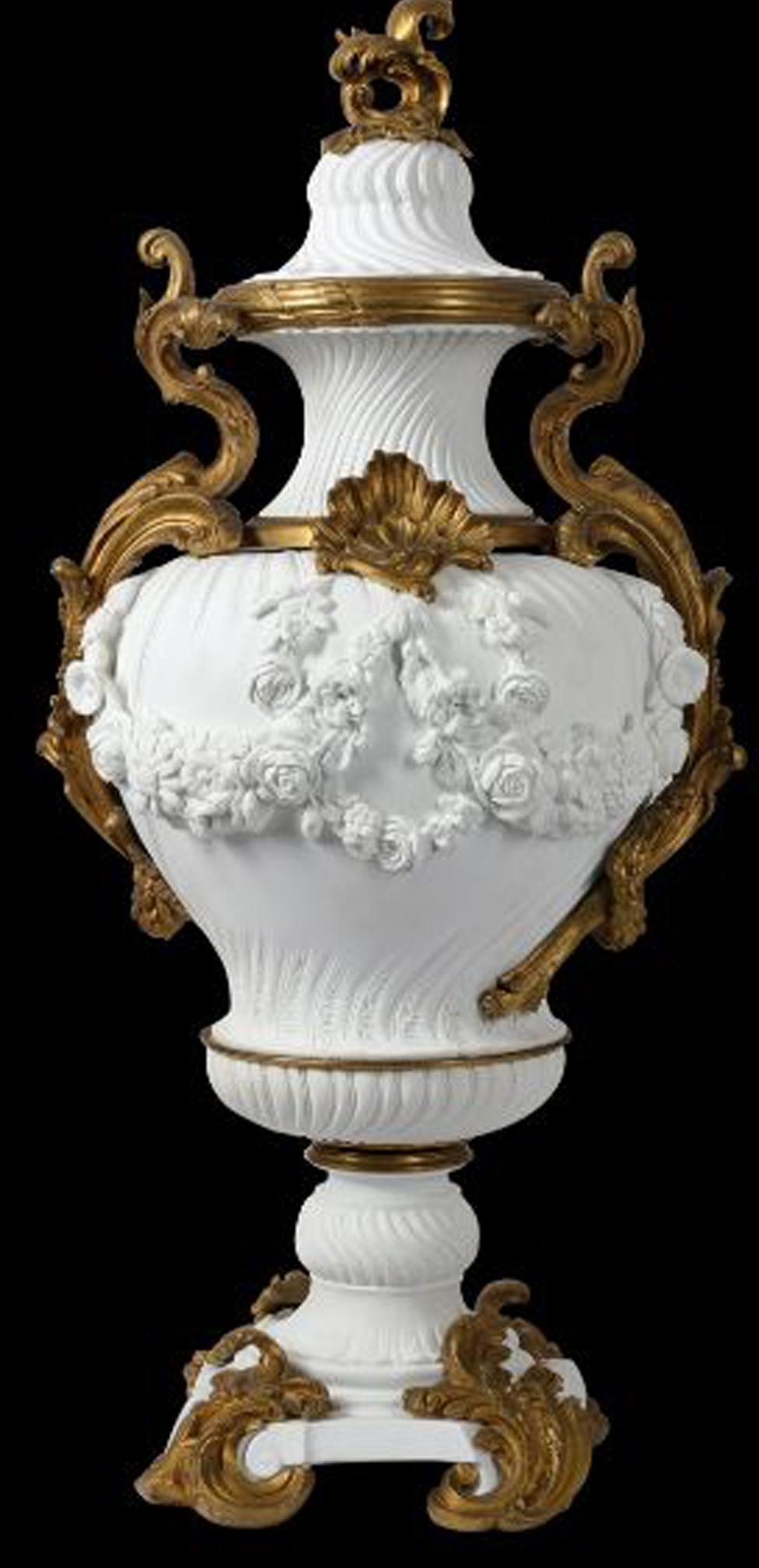 Porcelain French Sèvres Style Large Pair 19th Century Gilt Mounted Bisque Vases