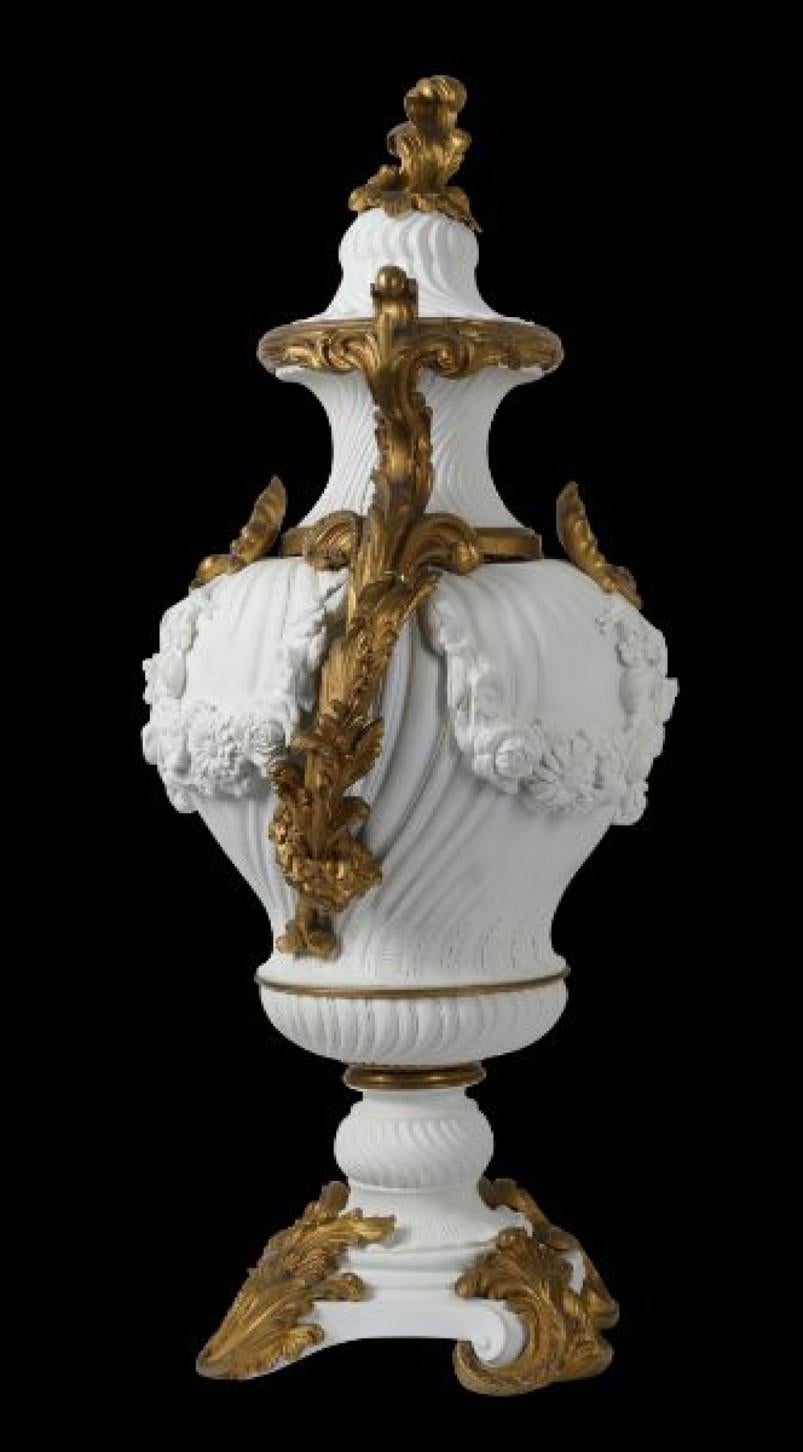 French Sèvres Style Large Pair 19th Century Gilt Mounted Bisque Vases 3