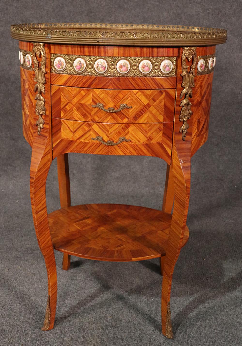 Regency French Sevres Style Porcelain and Bronze Mounted Satinwood Nightstand Table