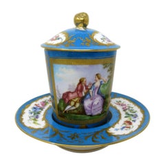 French Sevres Style Porcelain Celest Blue Gilt Trembleuse Chocolate Cup Saucer