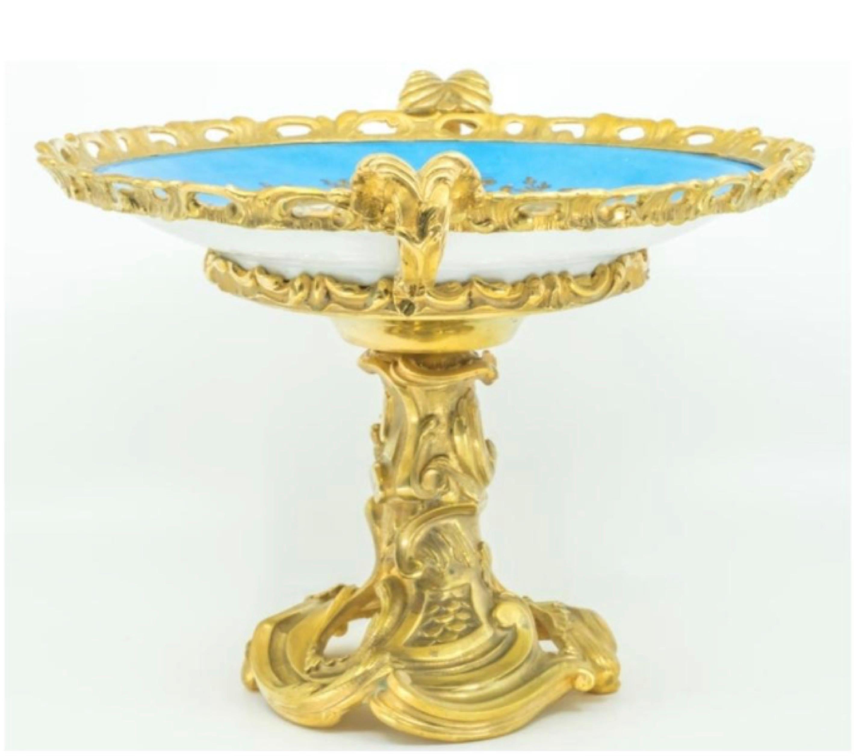 Rococo French Sèvres-style Porcelain Plate in Gilt Bronze Mount For Sale