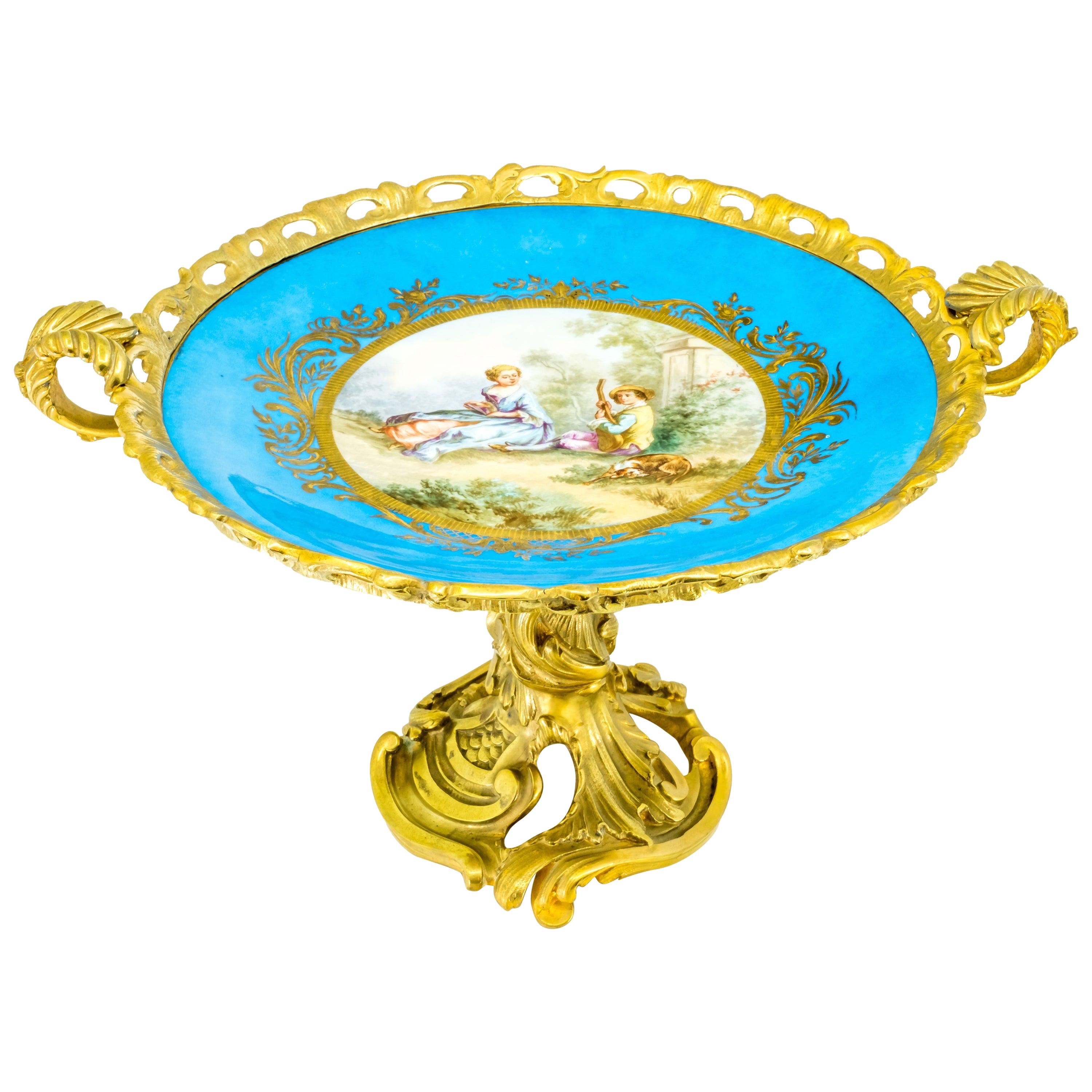 French Sèvres-style Porcelain Plate in Gilt Bronze Mount For Sale