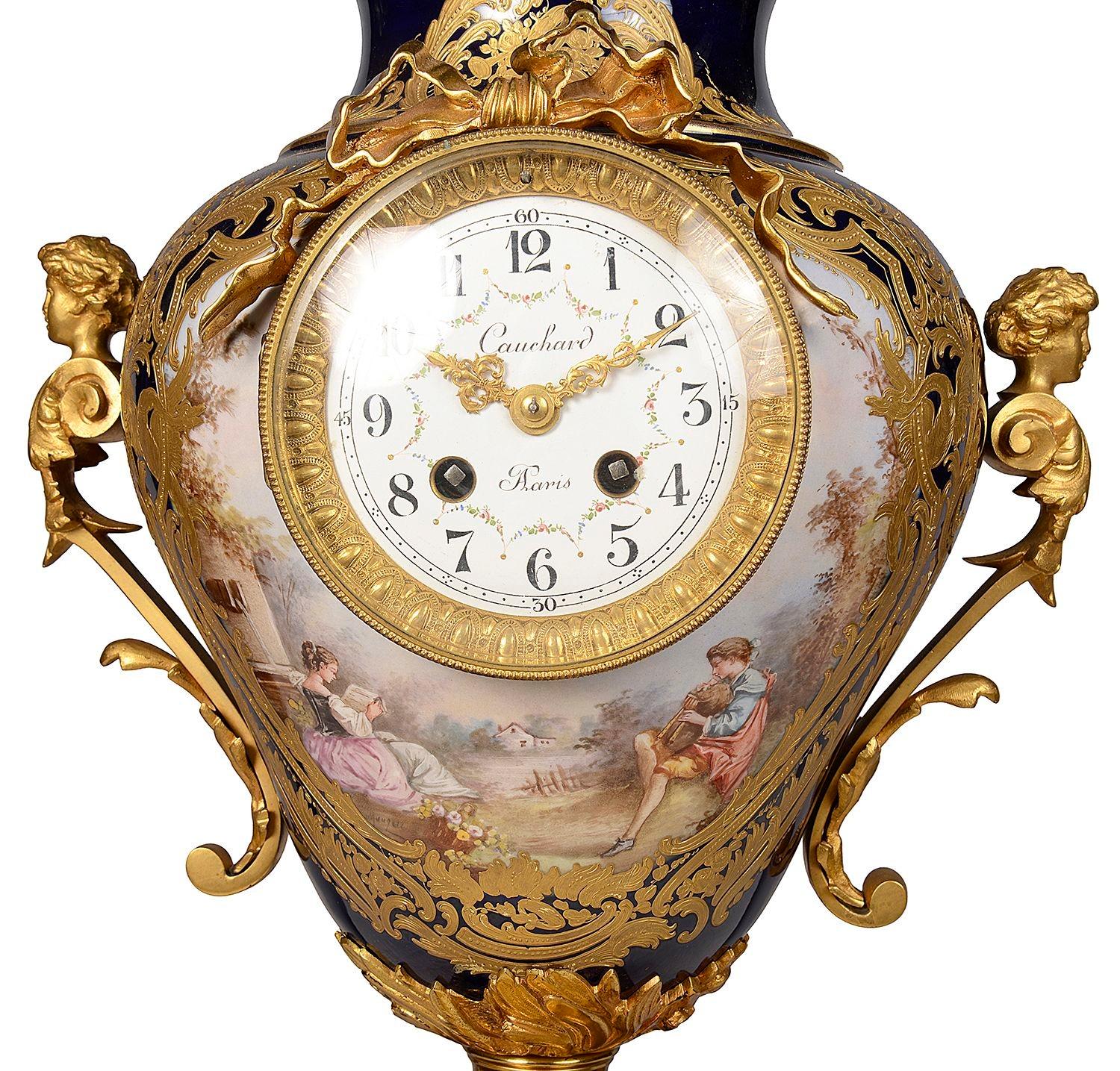 Hand-Painted French Sevres style porcelain vase / mantel clock. For Sale