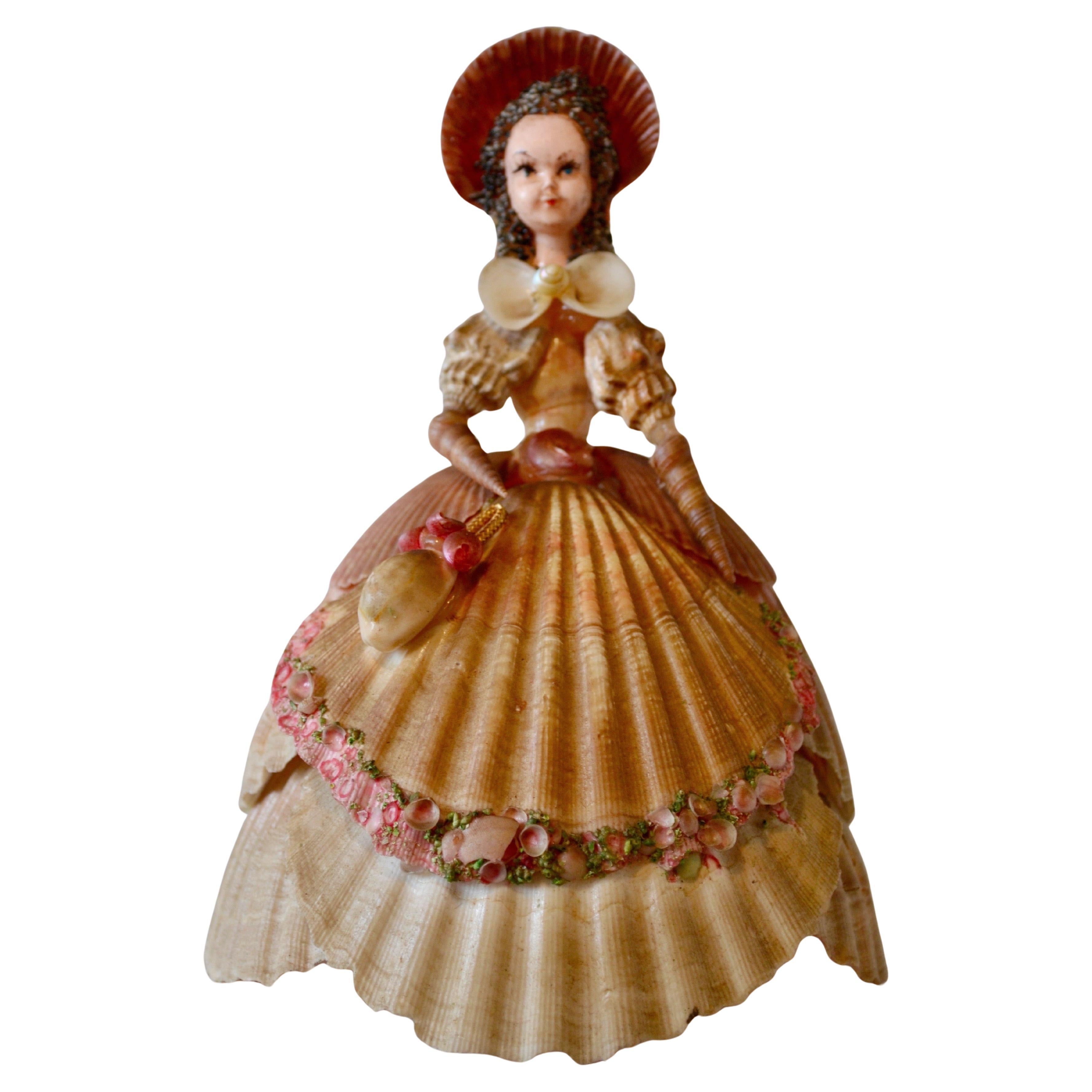 French Shell Figurine of a Lady in 19th-Century Dress France, circa 1950 For Sale