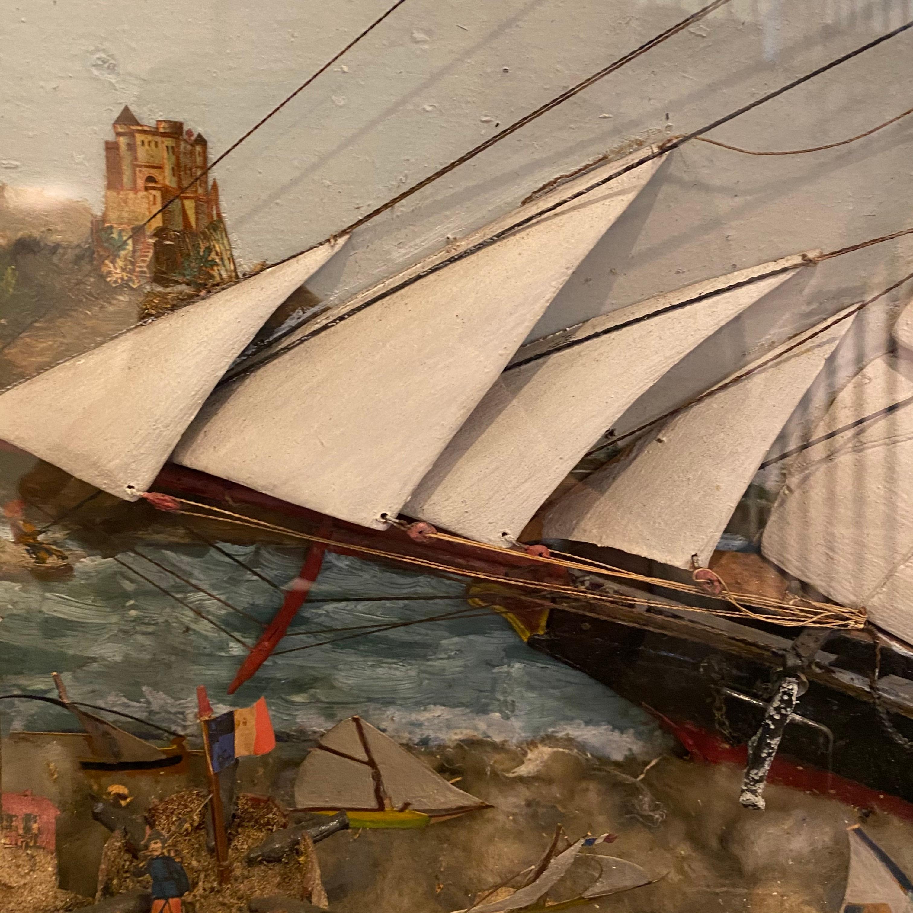 French Ship Diorama with Schooners, Castle and Seaside Landscape In Good Condition In Hopewell, NJ