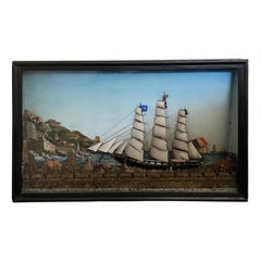 French Ship Diorama with Schooners, Castle and Seaside Landscape