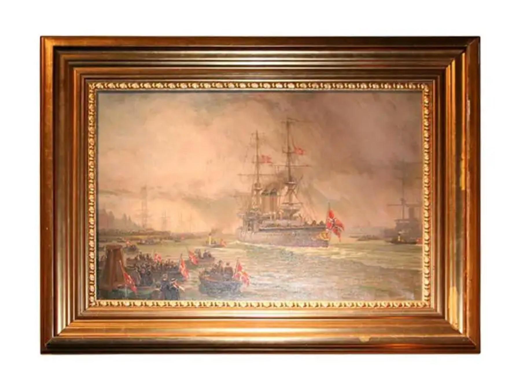 Navires français à quai, signé de façon illisible LR 'Barlhey, cadre en bois doré.  Nous disposons également de nombreuses autres peintures et maquettes de navires.  N'hésitez pas à appeler ou à envoyer un courriel pour toute question.