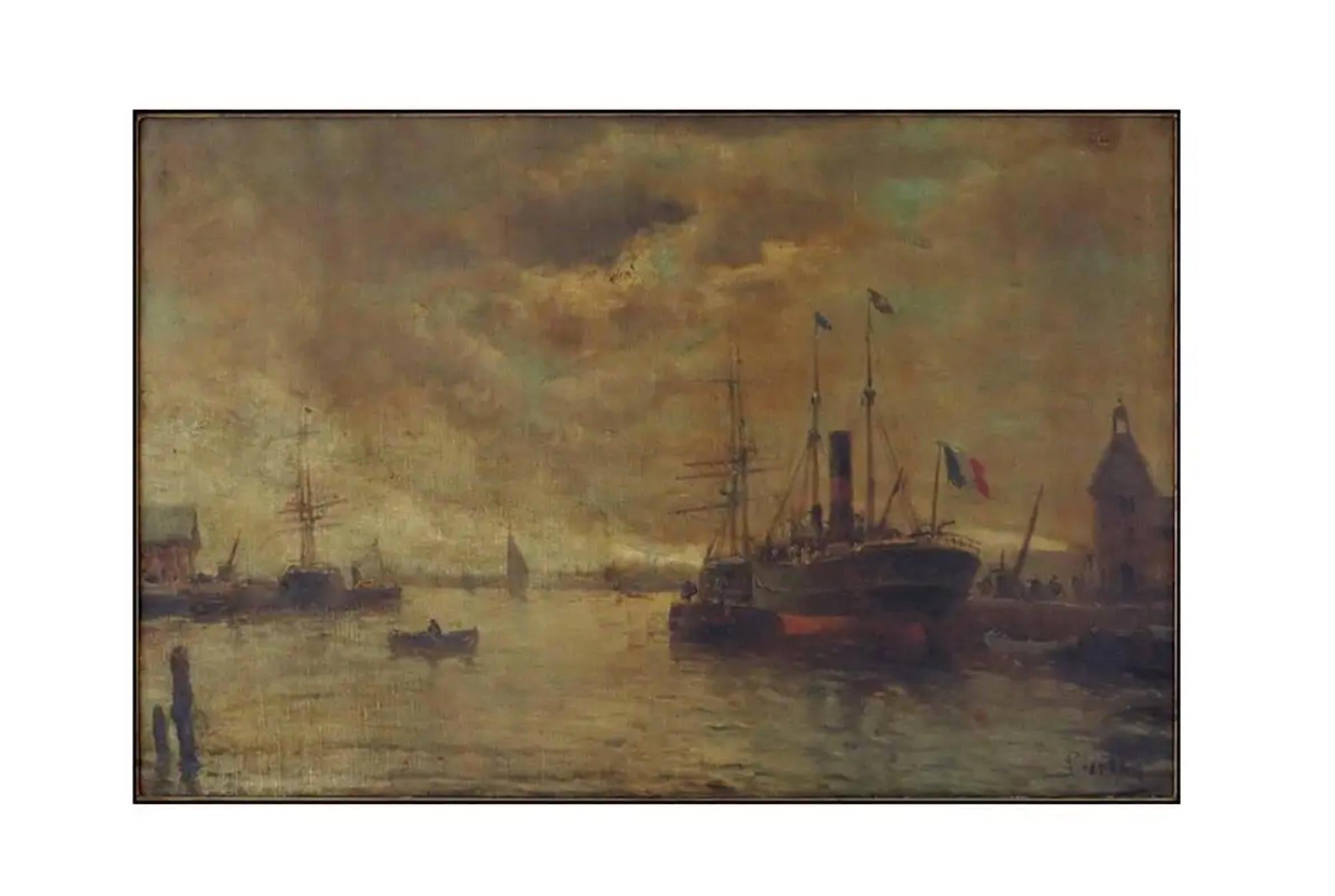 XIXe siècle Ships at Dock (ships français au quai), signé illisible «LR 'Barlhey » dans un cadre en bois doré en vente