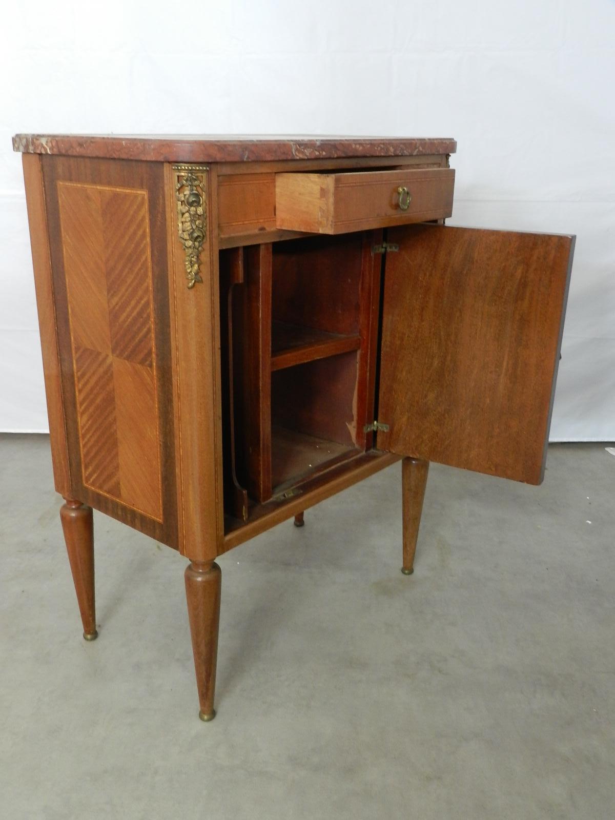 Bronze French Side Cabinet Louis XVI Revisited Nightstand Marquetry Ormolu, circa 1920