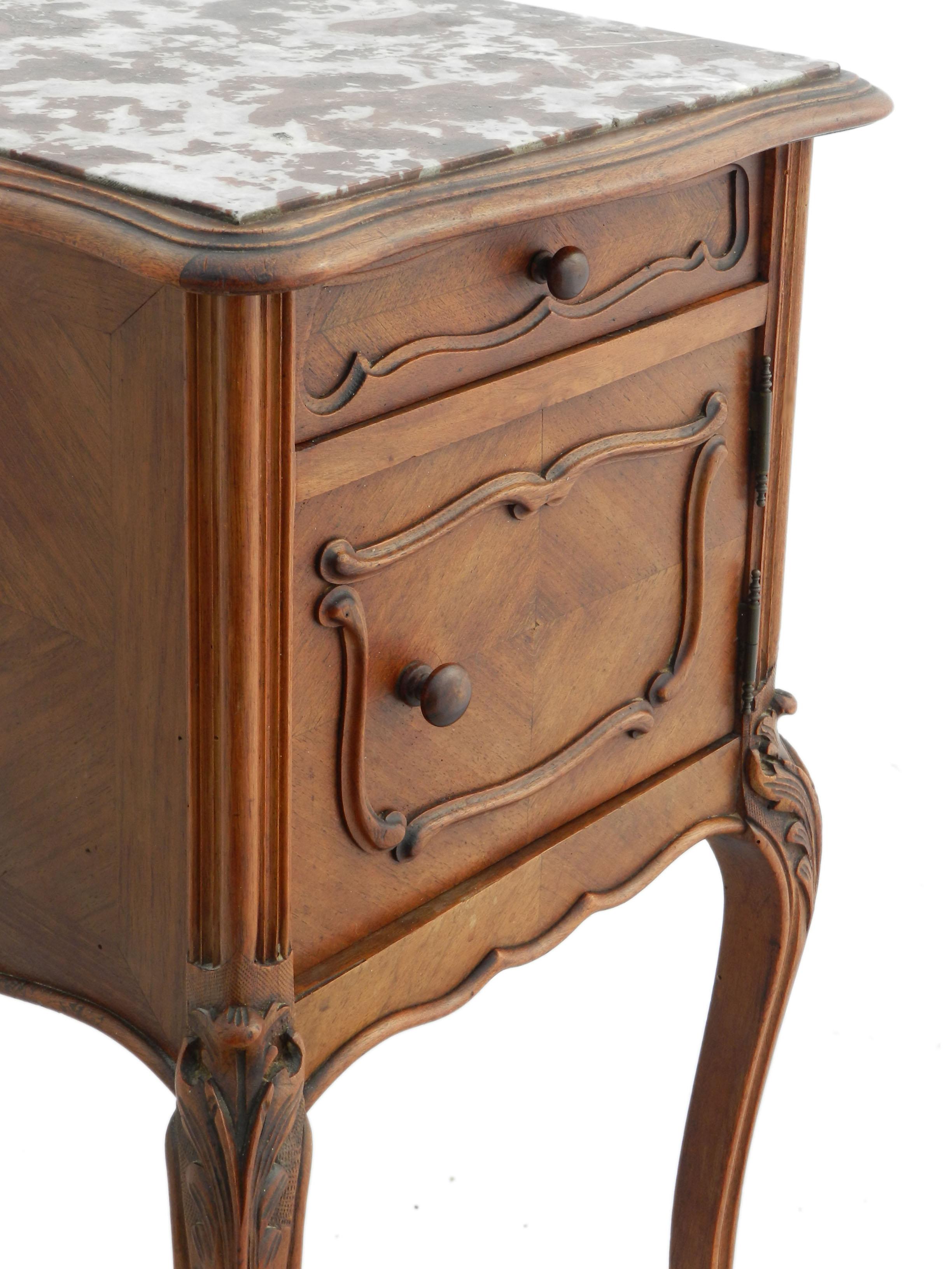 19th century side cabinet French nightstand, bedside table, circa 1880-1890
Quartered walnut 
Single drawer
Cupboard with porcelain liner that can be removed if preferred
Variegated marble top
As removed from a French Manor House
Good antique