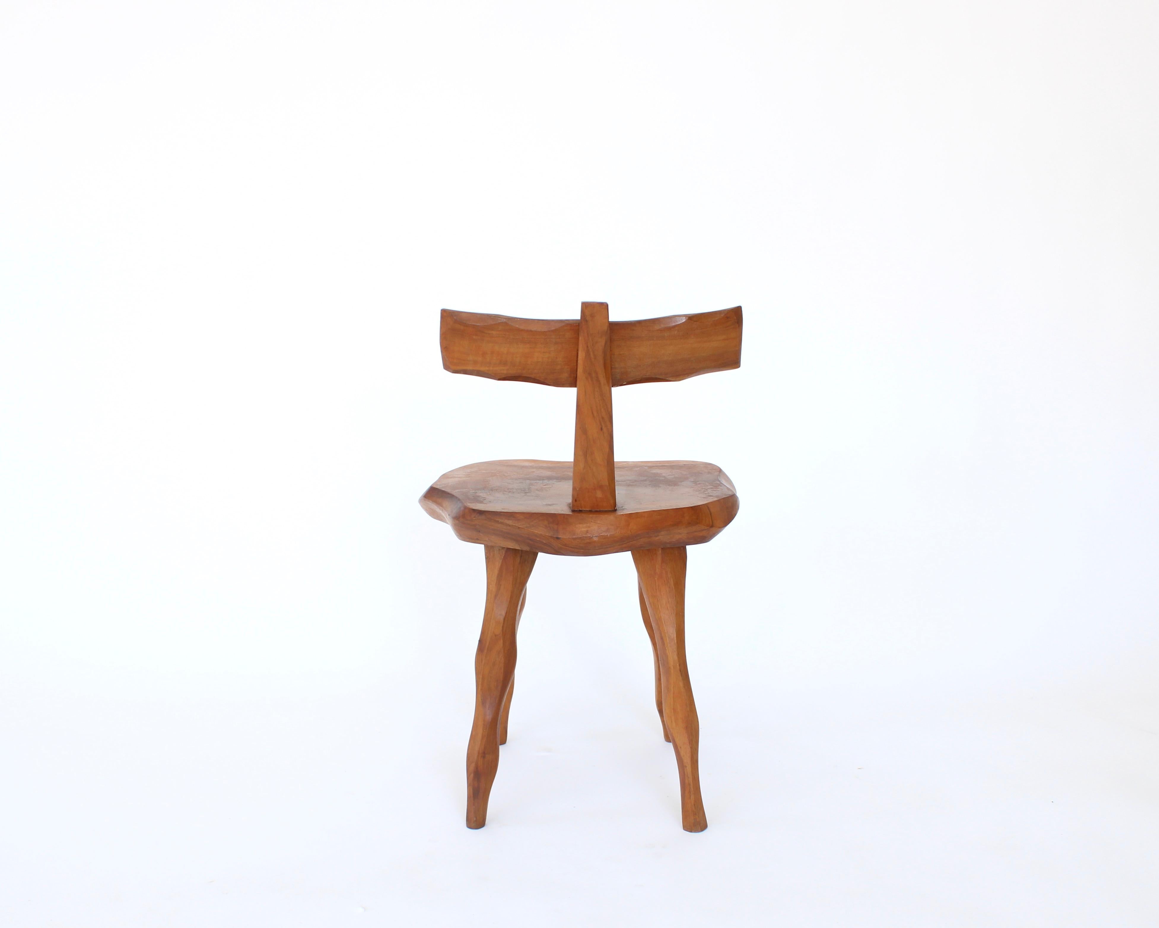 20th Century French Side Chair Hand Carved of Olive Wood Brutalist Organic