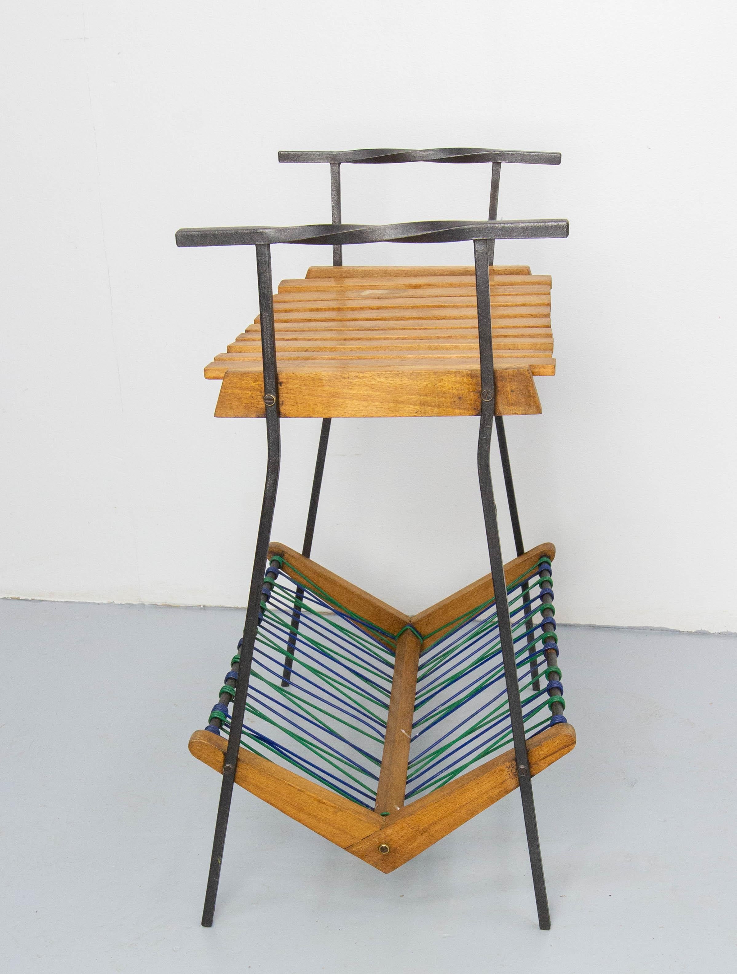Mid-Century Modern French Side Table and Magazine Rack Stand, Beech Iron & circa 1950 For Sale
