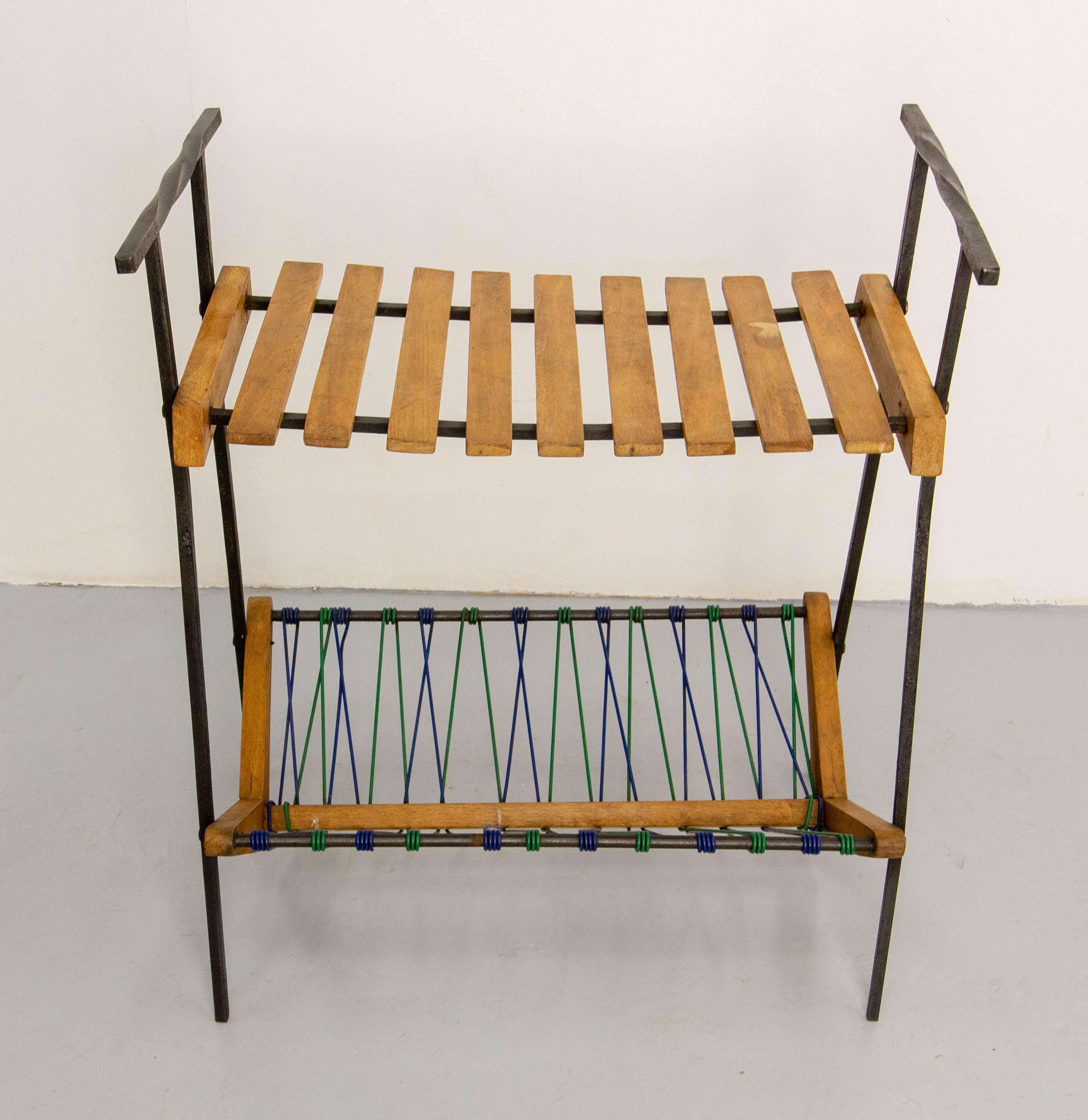 20th Century French Side Table and Magazine Rack Stand, Beech Iron & circa 1950 For Sale