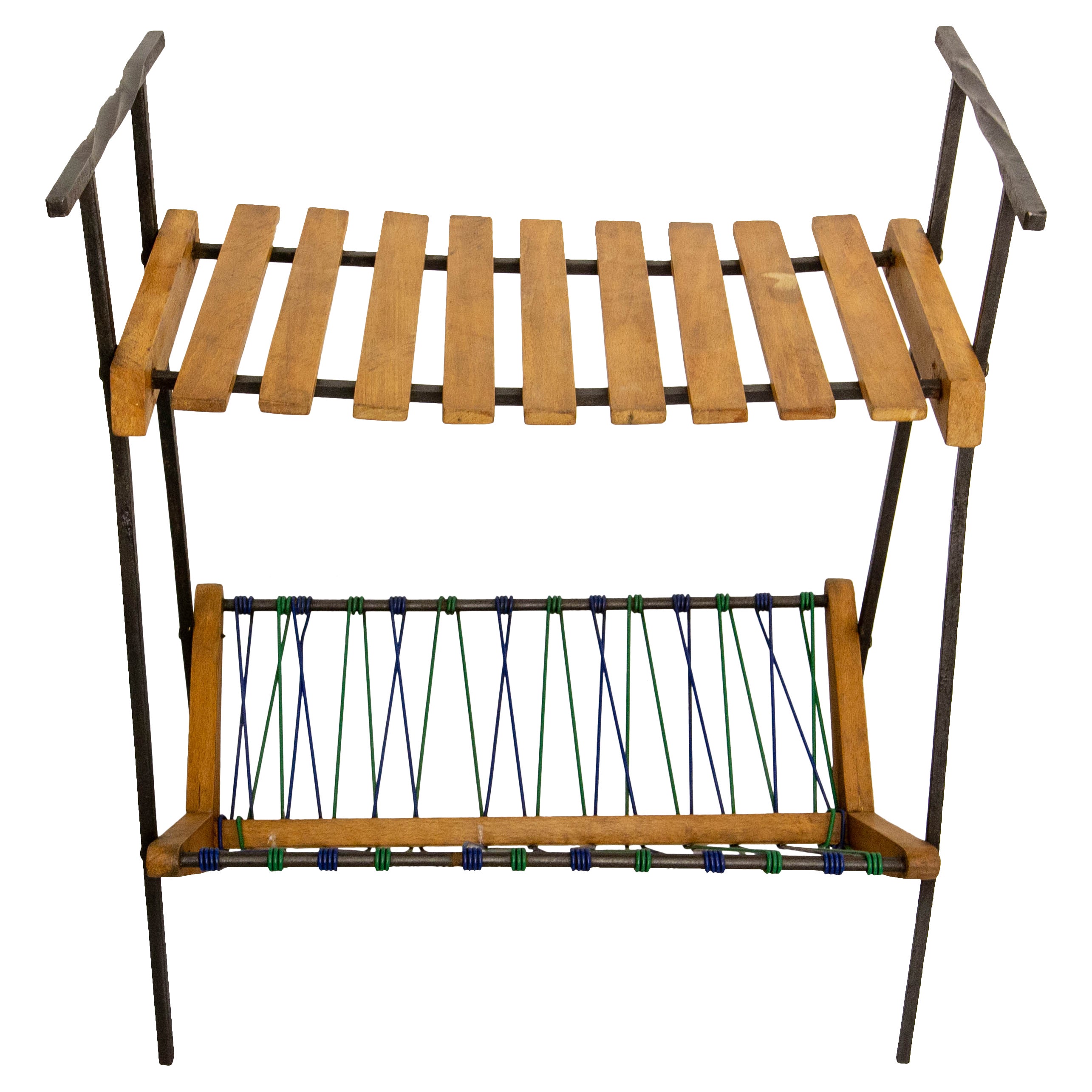 French Side Table and Magazine Rack Stand, Beech Iron & circa 1950