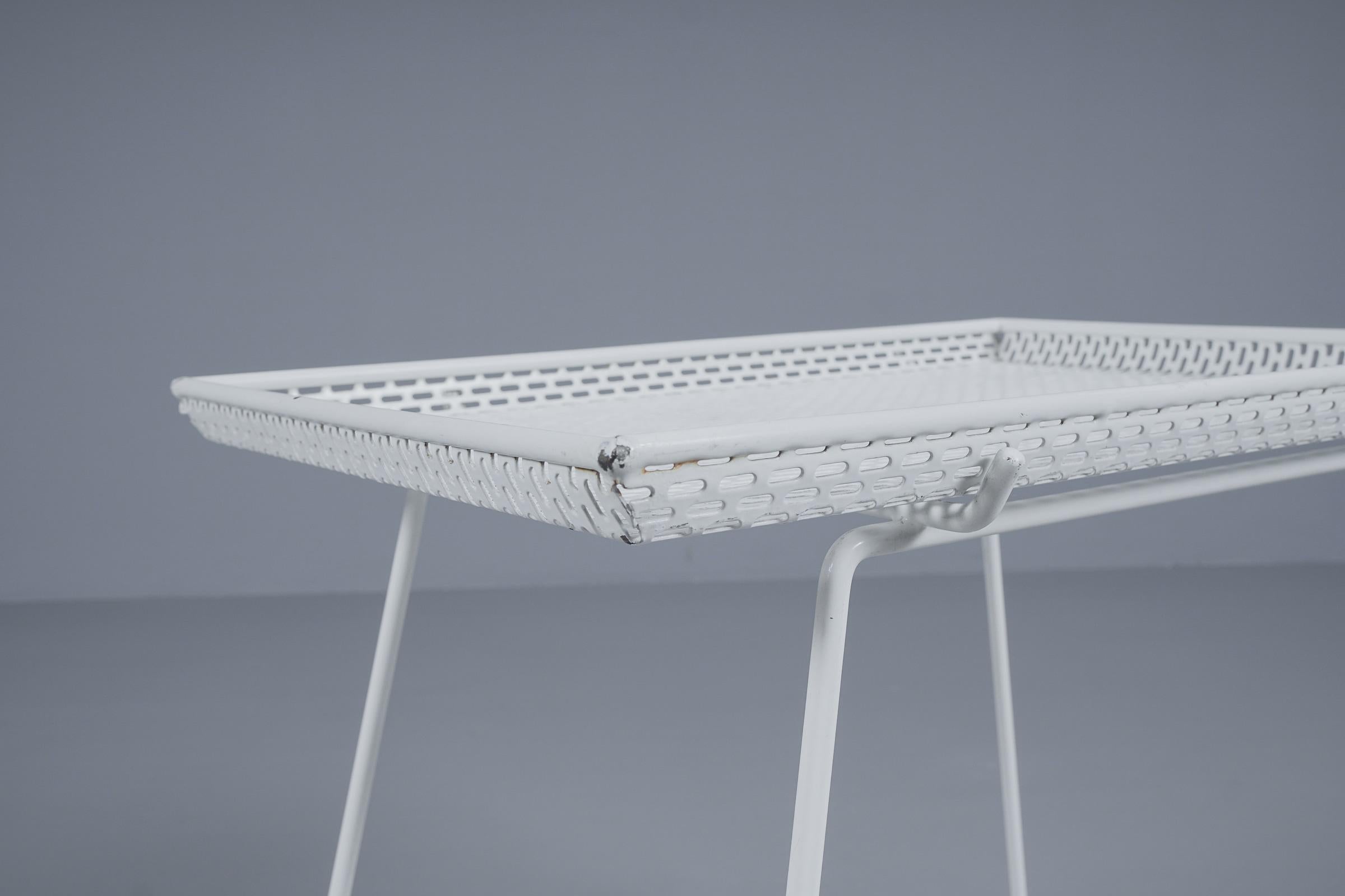 French Side Table in Perforated White Lacquered Metal With Removable Tray, 1950s For Sale 6