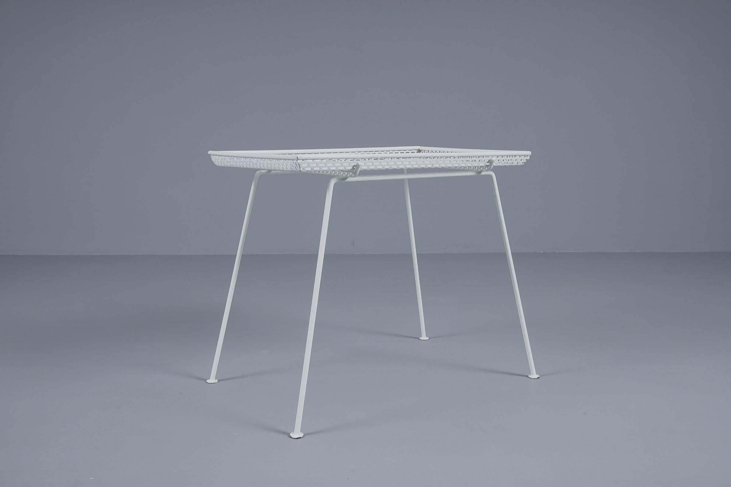 Mid-Century Modern French Side Table in Perforated White Lacquered Metal With Removable Tray, 1950s For Sale