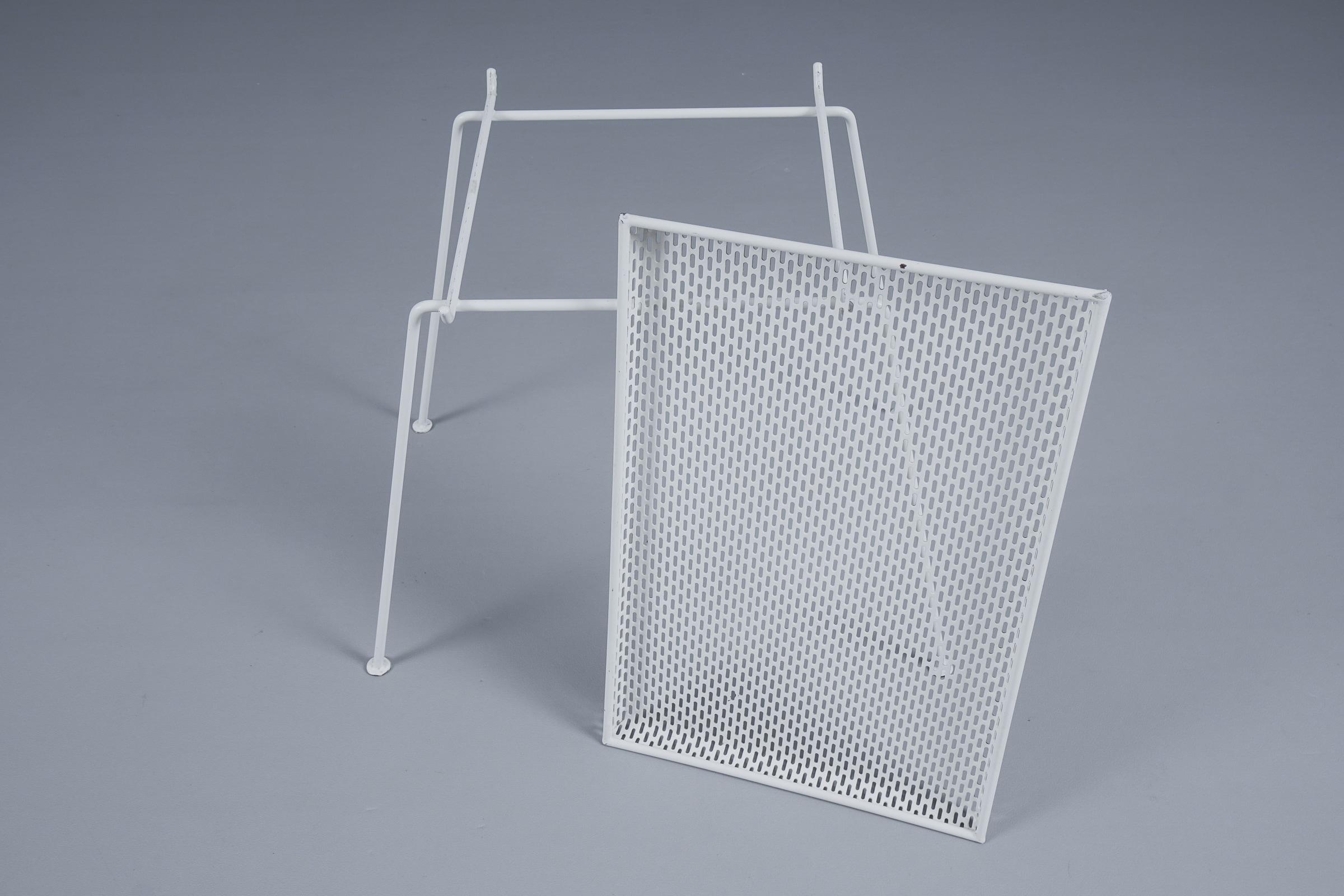French Side Table in Perforated White Lacquered Metal With Removable Tray, 1950s For Sale 3