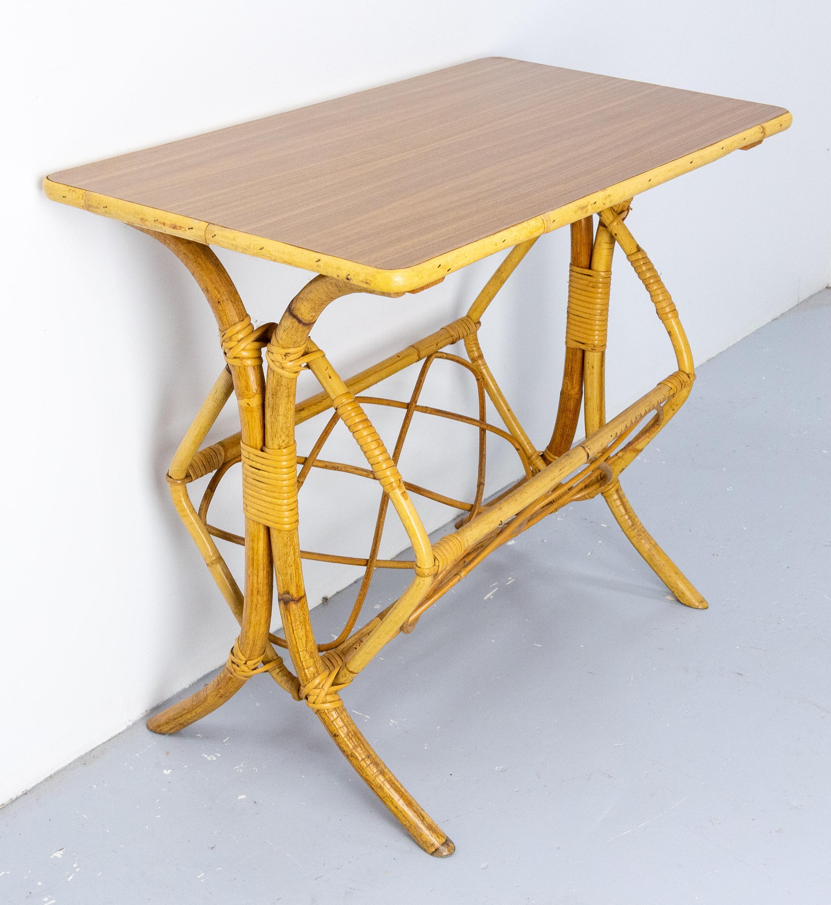 Mid-Century Modern French Side Table Rattan with Magazine Rack, Midcentury For Sale