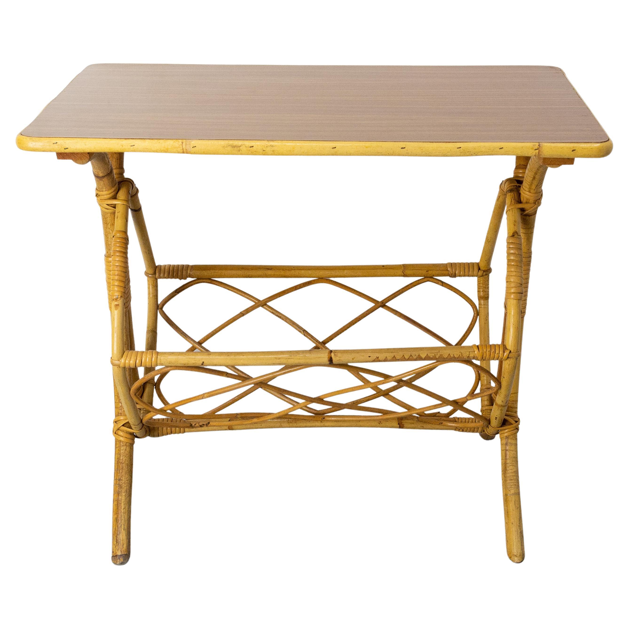 French Side Table Rattan with Magazine Rack, Midcentury For Sale